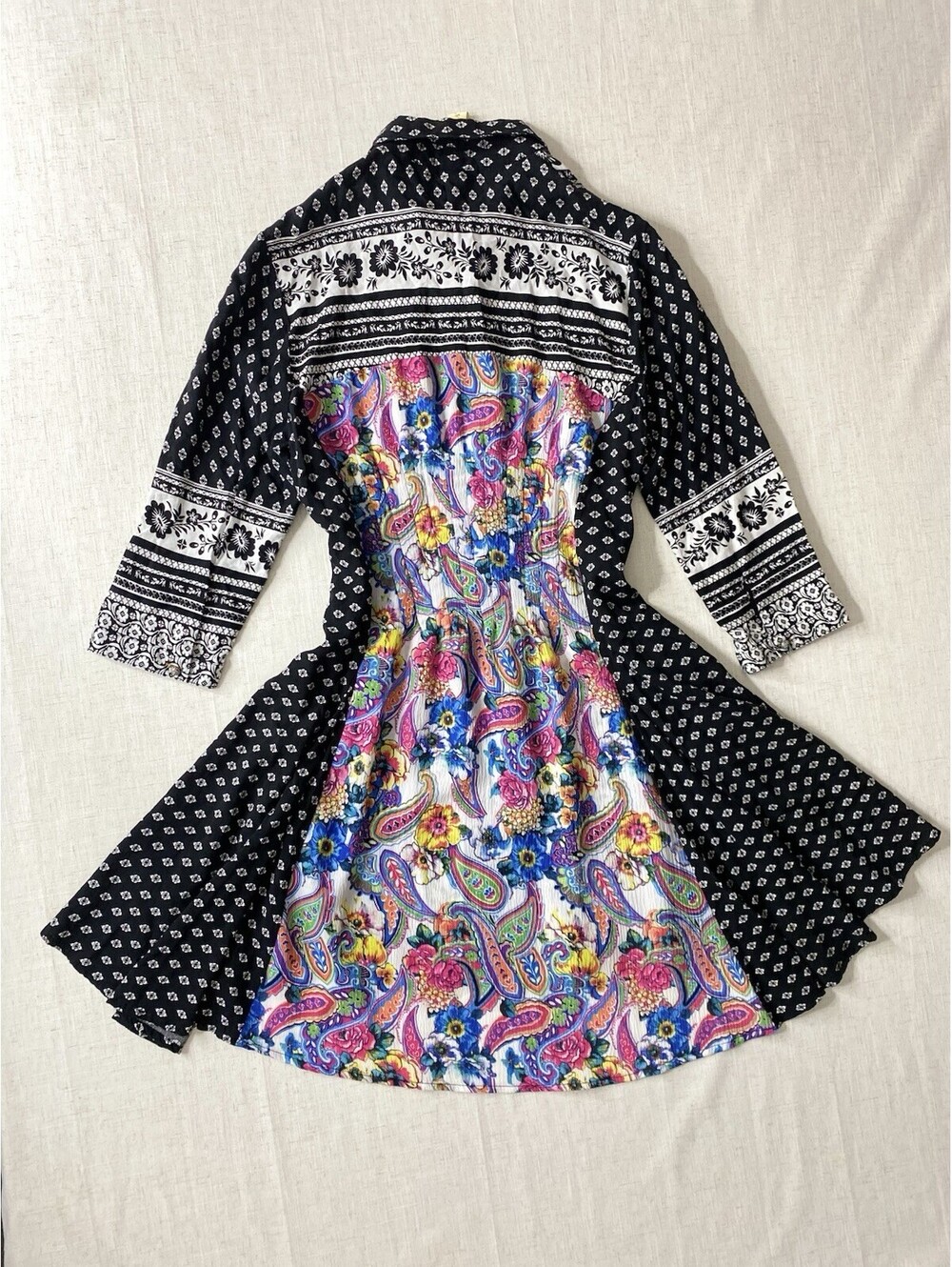 CYRENA Boho Shirt Dress Womens Large L Black White Floral Paisley Mixed Media